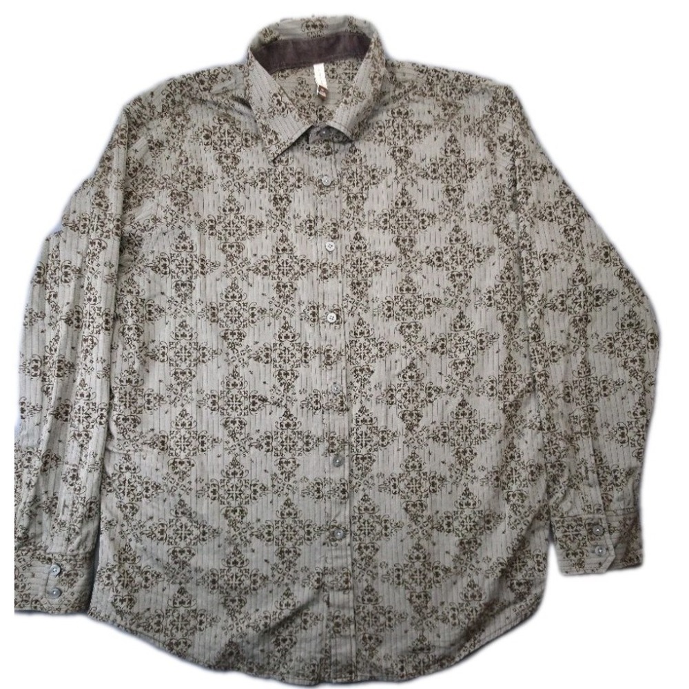 Transcript Men's XL Button Down Shirt Beige Brown Damask Print 100% Cotton